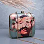 Woman Marine Green Based Floral Girl Portrait Printed Clutch