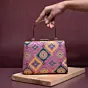 Woman Pink Based Pattern Printed Silk Fabric Clutch