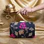 Woman Black Based Pink And Golden Floral Embroidery Clutch
