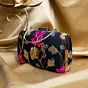Woman Black Based Pink And Golden Floral Embroidery Clutch