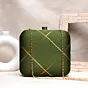 Woman Olive Green And Golden Checks Embroidery Clutch
