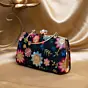 Woman Black Based Multicoloured Floral Embroidery Clutch