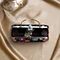 Woman Black Based Multicoloured Floral Embroidery Clutch