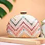 Women Baby Pink Zig Zag Embroidery D-Shape Party Clutch