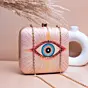 Woman Beige Based Evil Eye Printed Clutch