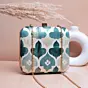 Woman White Based Teal Leaf Pattern Printed Clutch