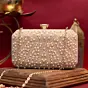 Women Peach Stripe Pearl Beaded Evening Clutch