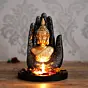 Polyresin Black and Golden Handcrafted Palm Buddha Statue with Wooden Base, Fragranced Petals and Tealight