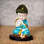 Polyresin Blue and White Praying Monk Buddha Statue with Wooden Base