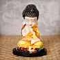 Polyresin Yellow and White Praying Monk Buddha Idol with Wooden Base, Fragranced Petals and Tealight