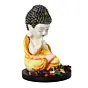 Polyresin Yellow and White Praying Monk Buddha Idol with Wooden Base, Fragranced Petals and Tealight