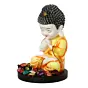 Polyresin Yellow and White Praying Monk Buddha Idol with Wooden Base, Fragranced Petals and Tealight