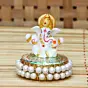 Gold and White Polyresin Lord Ganesha Idol on Decorative Handcrafted Plate for Home and Car Dashboard