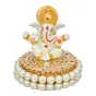 Gold and White Polyresin Lord Ganesha Idol on Decorative Handcrafted Plate for Home and Car Dashboard