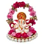 Polyresin Lord Ganesha Idol on Decorative Handcrafted Plate with Throne of Pink and Red Flowers