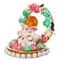 Lord Ganesha Idol On Decorative Handicrafted Plate With Throne Of Pink And Green Flowers