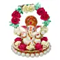 Polyresin Lord Ganesha Idol on Decorative Handcrafted Plate with Throne of Colorful Flowers