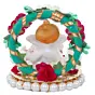 Polyresin Lord Ganesha Idol on Decorative Handcrafted Plate with Throne of Colorful Flowers