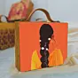 Woman Orange Saree Girl Printed Suitcase Style Clutch