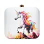 Woman White Based Unicorn Printed Clutch