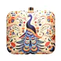 Women White Based Peacock Printed Clutch