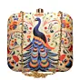 Women White Based Peacock Printed Clutch