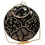 Women Black And Golden Round Embroidery Clutch