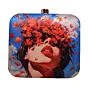 Woman Blue Based Floral Girl With Bold Red Lips Printed Clutch