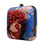 Woman Blue Based Floral Girl With Bold Red Lips Printed Clutch