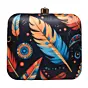 Women Black Based Feather Printed Clutch
