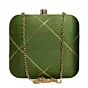 Woman Olive Green And Golden Checks Embroidery Clutch
