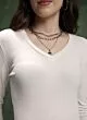 Women Off White V Neck Fitted Top
