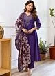 Women's Plus Size Silk Purple Embroidered Kurta with Pants And Dupatta