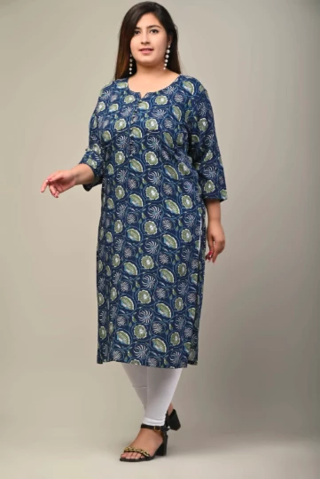Women Plus Size Blue Pure Cotton Printed Straight Kurta