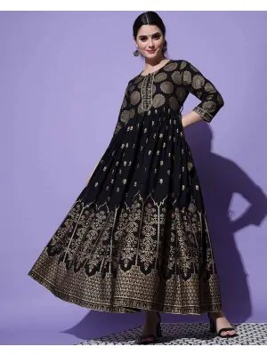 Woman Geometric Print flared Black Anarkali Kurta