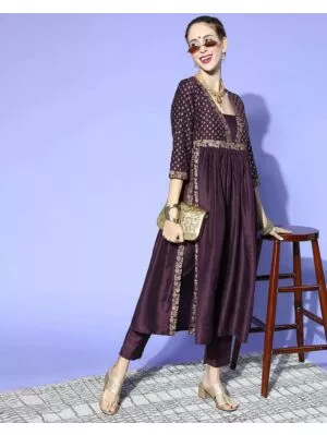 Women Floral Print Purple Flared Kurta Set