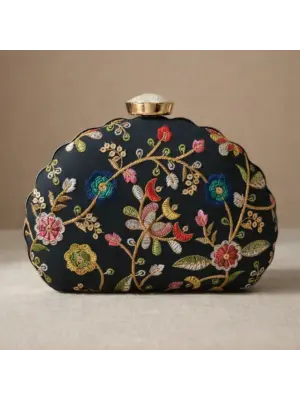 Woman Black Ethnic Floral Embroidered Clutch
