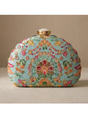 Woman Sky Blue Floral Embroidered Clutch