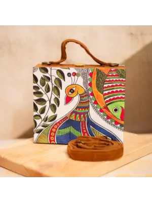 Woman Madhubani Peacock Printed Suitcase Style Clutch