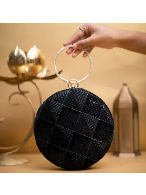 Women Black Embroidery Round Party Clutch