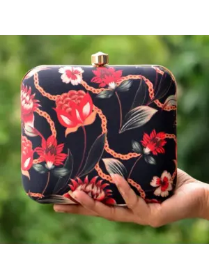 Women Black Floral Printed Clutch