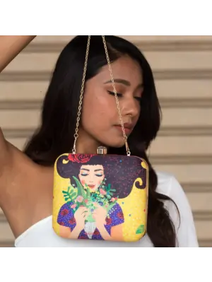 Women Fancy Floral Princess Printed Clutch on Bright Yellow Background