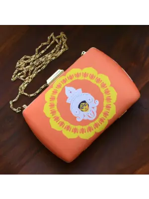 Woman Orange And Yellow Durga Printed Clutch