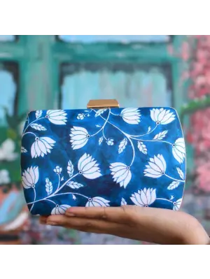 Women Blue and White Floral Printed Clutch