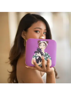 Women Glam Girl and Cat Printed Clutch With Vibrant Purple Background