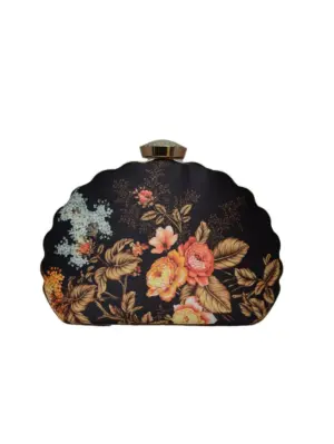 Women Black Flower Printed D-shape Clutch