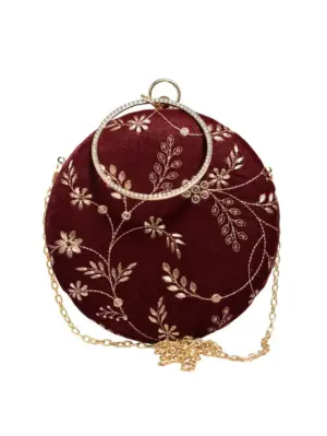 Women Maroon And Golden Embroidery Round Clutch