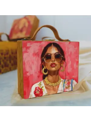 Women Brown Girl Printed Suitcase Style Clutch