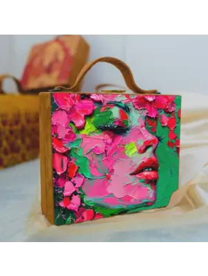 Women Pink And Green Portrait Printed Suitcase Style Clutch