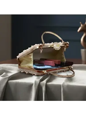 Women White Pearl & Arch-Pattern Handle Clutch